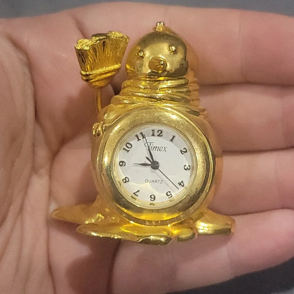 Vtg Timex Brass gold Tone Desk Clock Paperweight Snowman